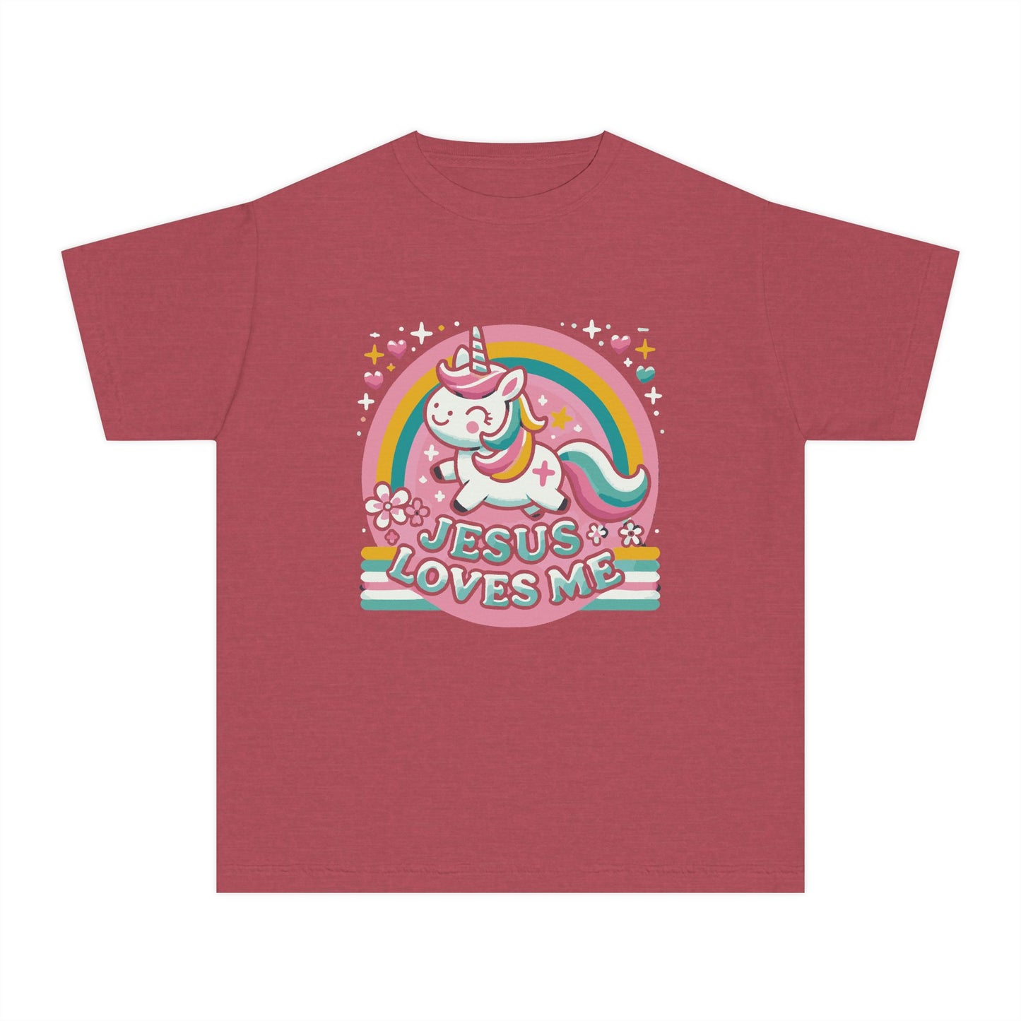 Red Jesus Loves Me kids t-shirt with colorful unicorn design