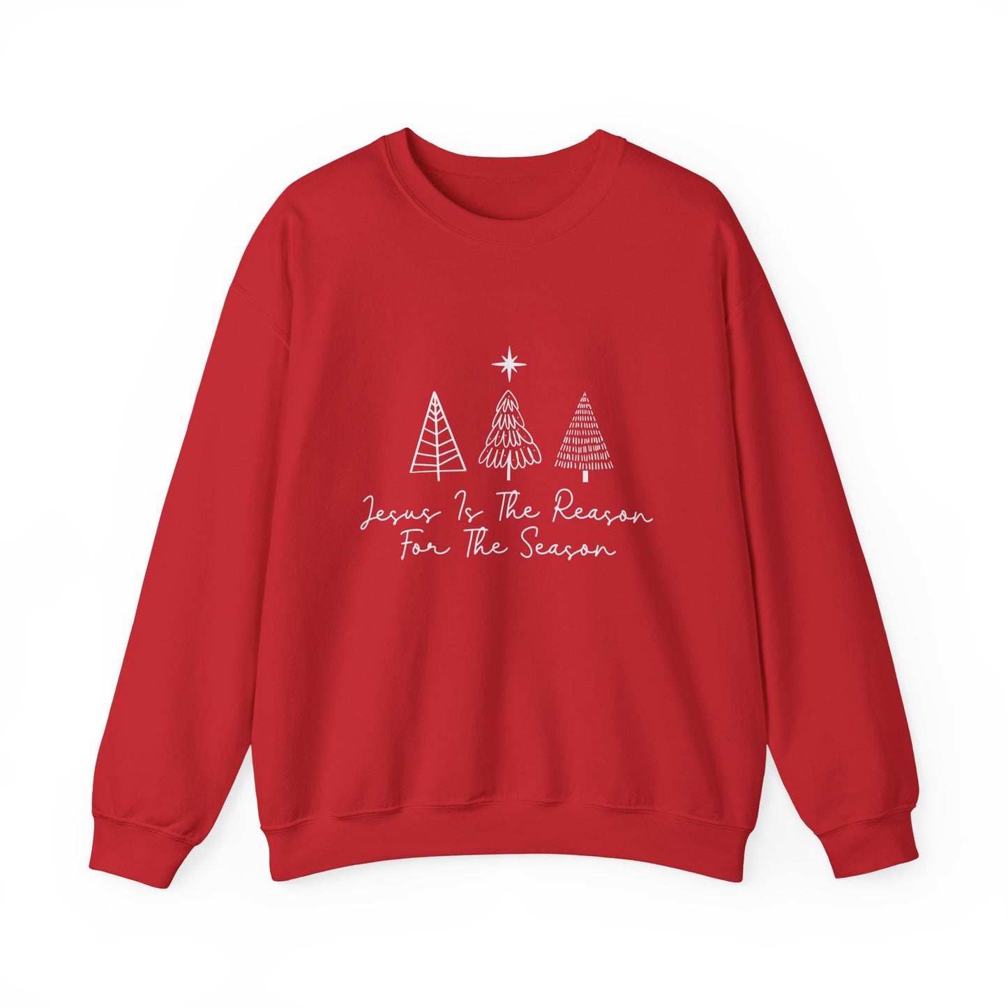 Jesus is the Reason for the Season red sweatshirt with hand-drawn Christmas tree doodles