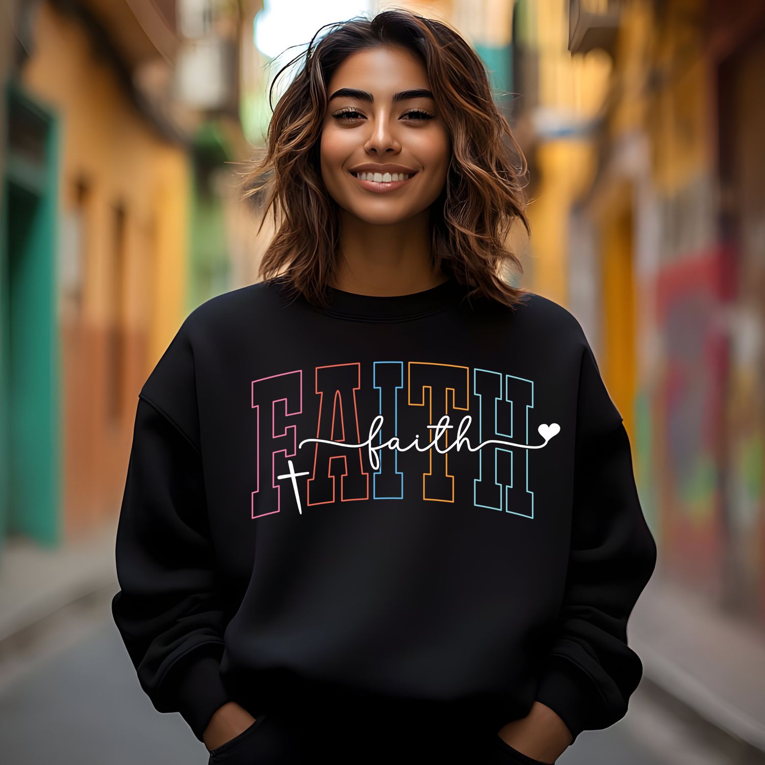 Woman modeling faith sweatshirt from religious hoodies collection