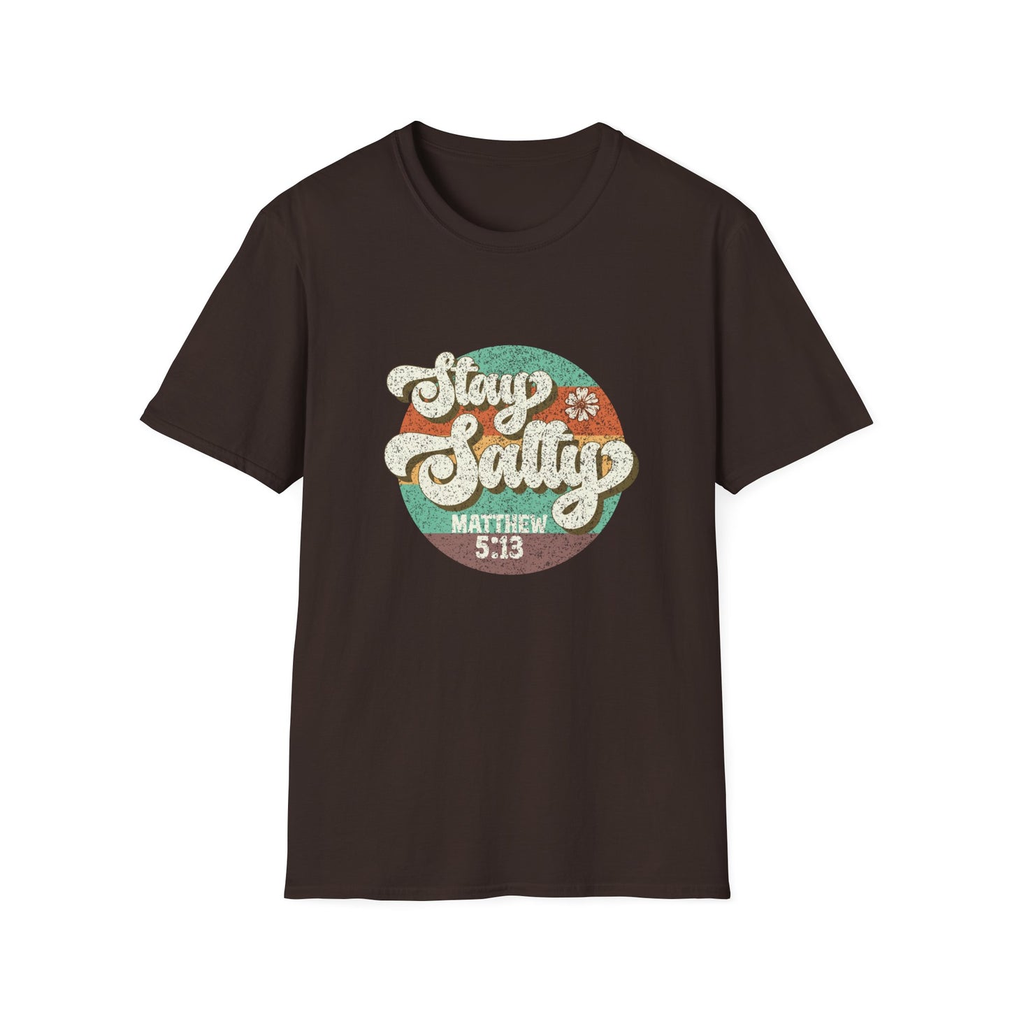 Stay Salty brown t-shirt with retro font Matthew 5:13 