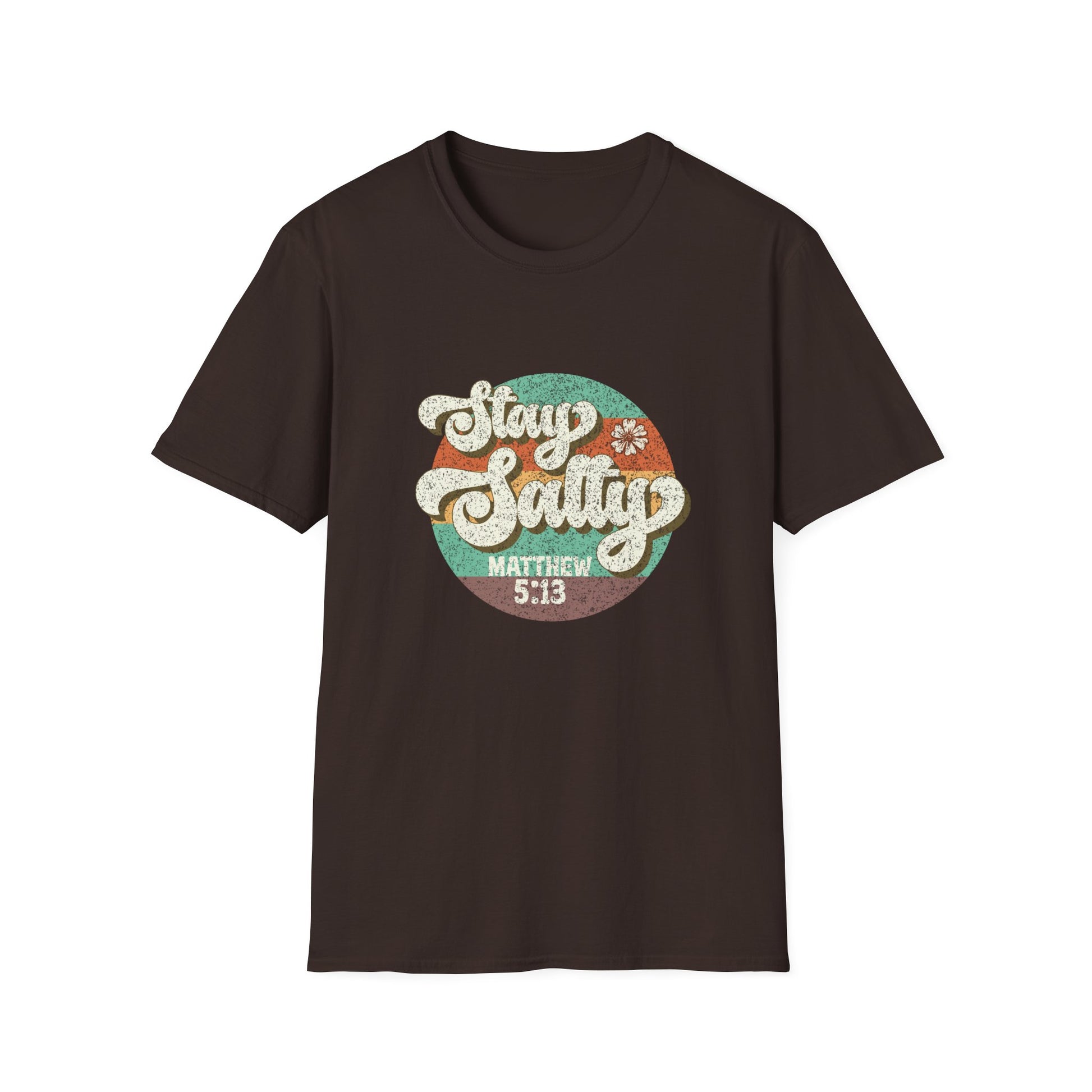 Stay Salty brown t-shirt with retro font Matthew 5:13 
