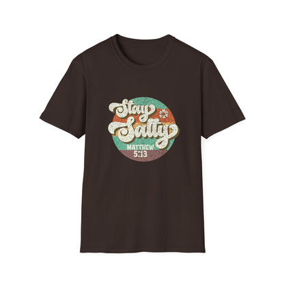 Stay Salty brown t-shirt with retro font Matthew 5:13 
