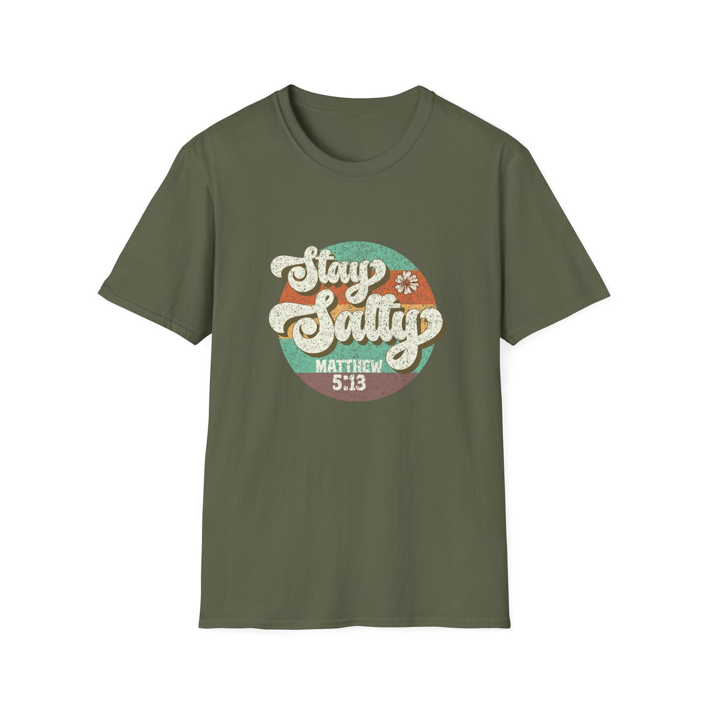 Stay Salty green t-shirt with retro font Matthew 5:13 
