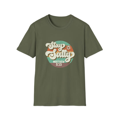 Stay Salty green t-shirt with retro font Matthew 5:13 