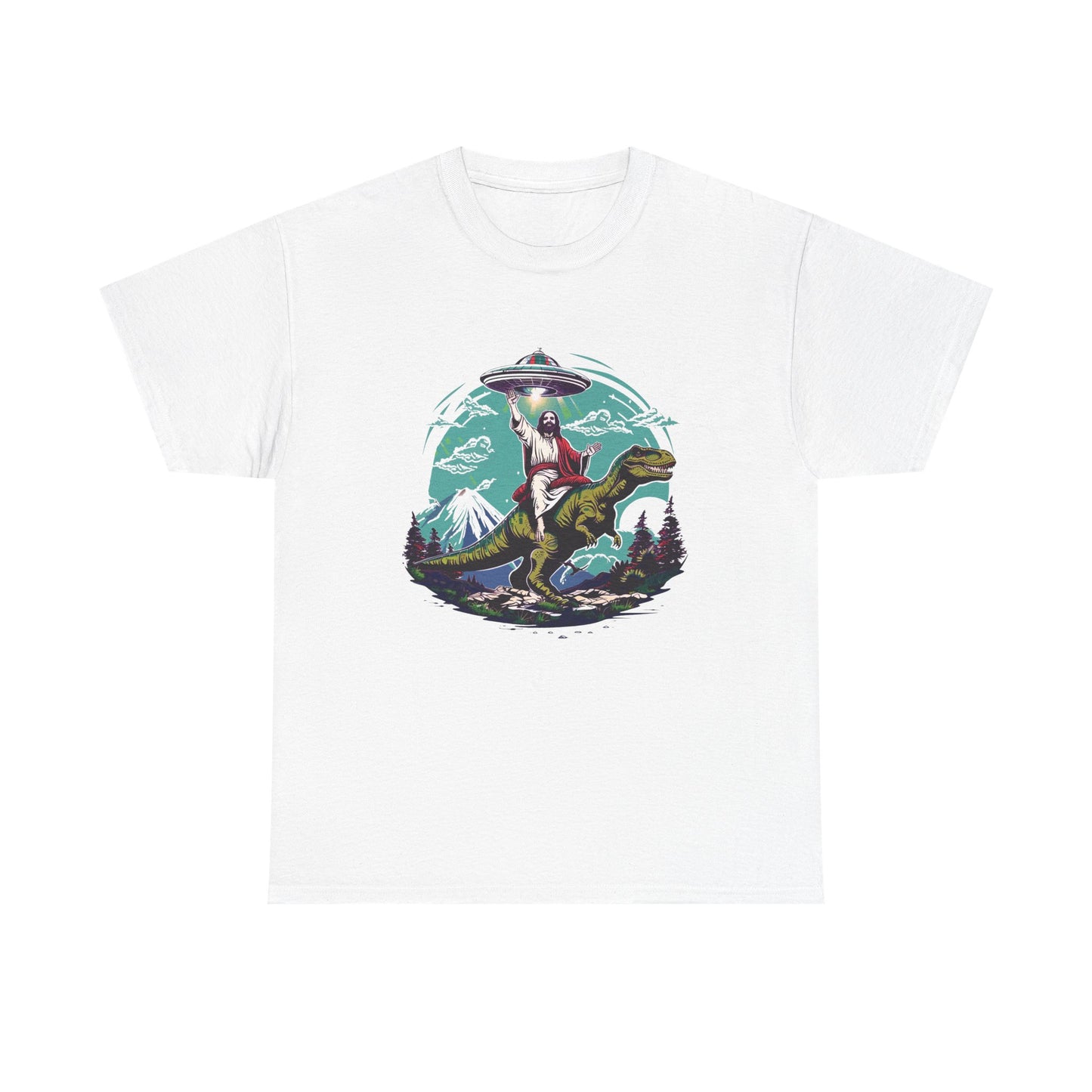 Jesus Riding T-Rex Adult T-Shirt - Christian Dinosaur Alien Spaceship Tee