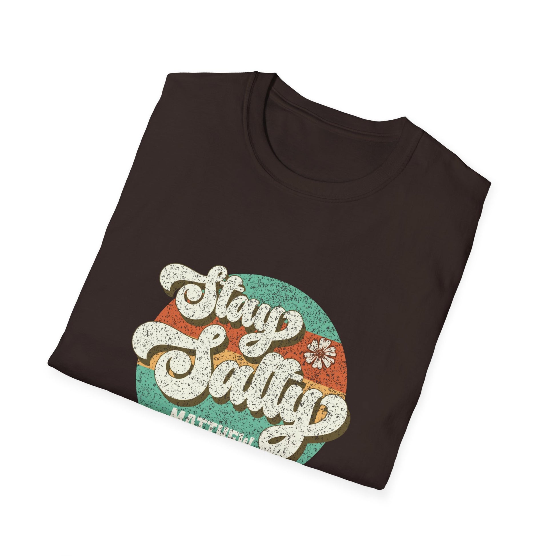 Stay Salty brown t-shirt with retro font Matthew 5:13 folded