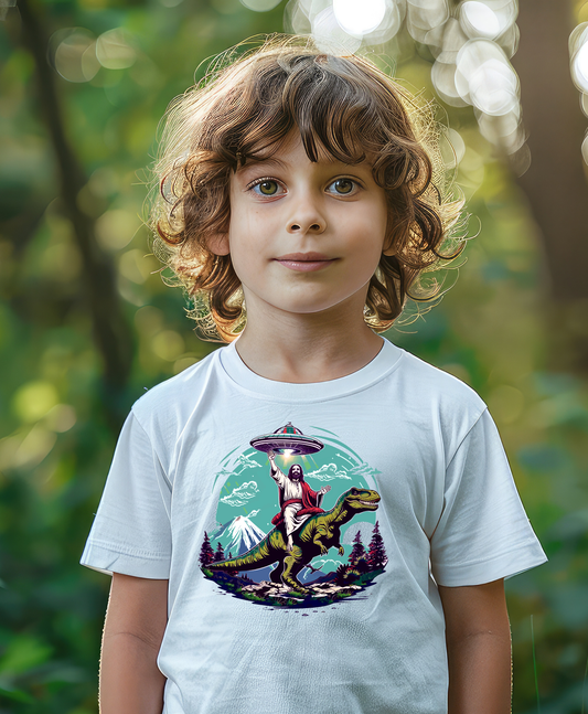 Jesus Riding T-Rex Kids T-Shirt - Christian Dinosaur Alien Spaceship Tee