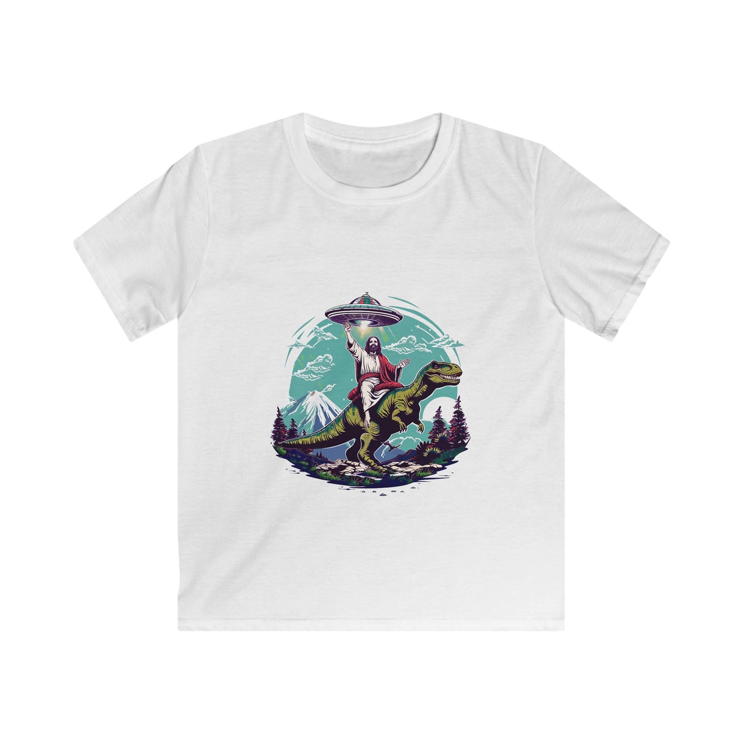 Jesus Riding T-Rex Kids T-Shirt - Christian Dinosaur Alien Spaceship Tee