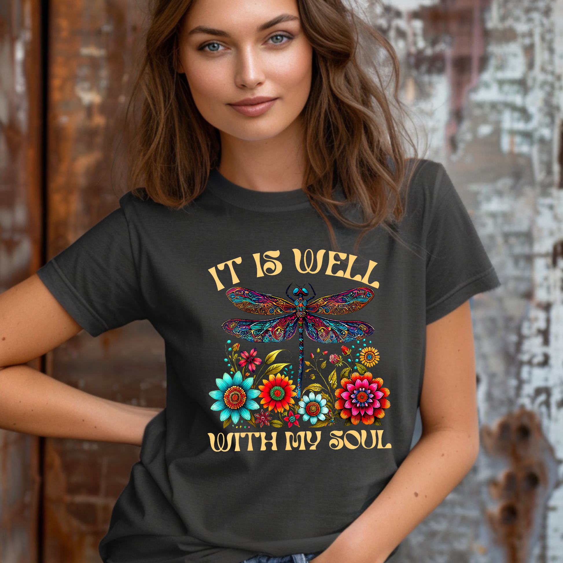 It Is Well With My Soul Christian t-shirt with colorful dragonfly. 