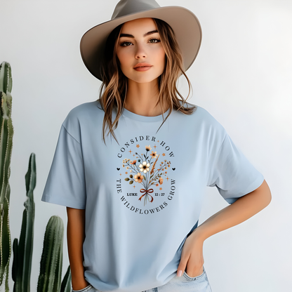 Consider the Wildflowers Christian t-shirt with a bundle of wildflowers