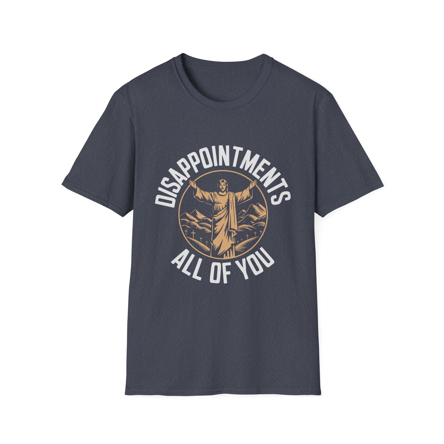 Jesus graphic navy blue t-shirt with Disappointments All of You text