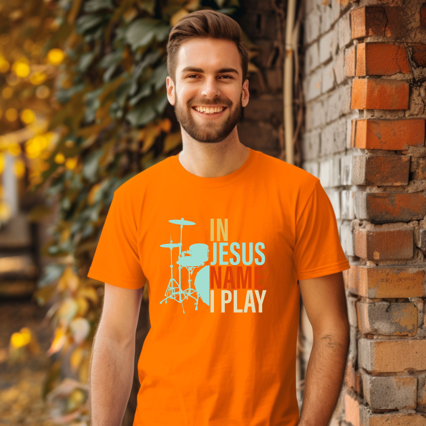 In Jesus Name I Play Christian t-shirt with drum graphic