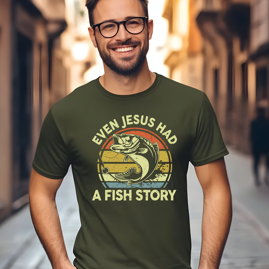Man wearing a green t-shirt with a graphic design and text, standing on a street. Even Jesus Had a Fishing Story Christian fishing t-shirt