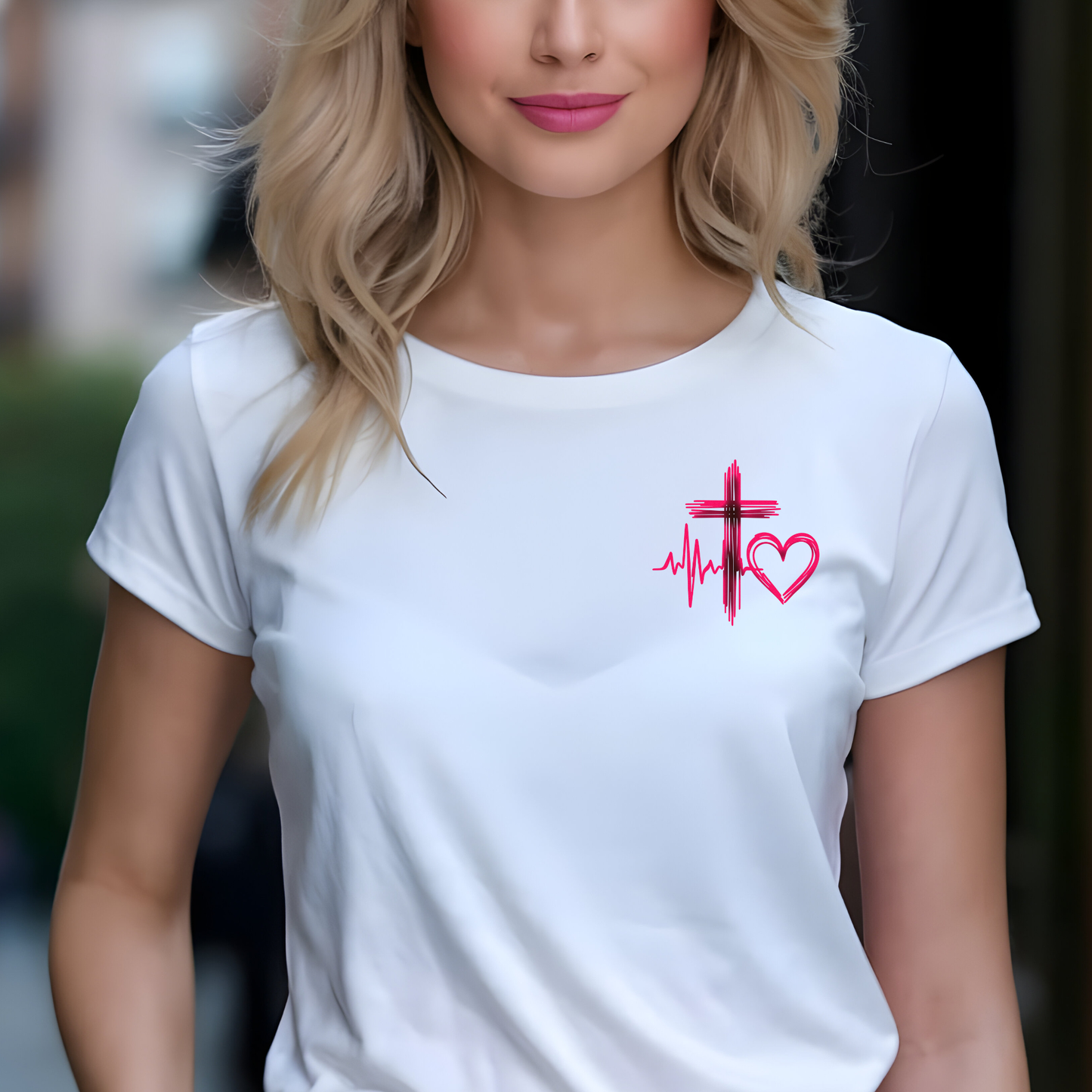 Christian heartbeat white t-shirt with hot pink EKG line turning into cross graphic 