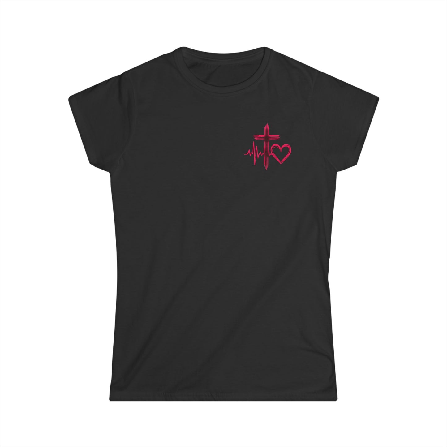 Christian heartbeat black t-shirt with hot pink EKG line turning into cross graphic 