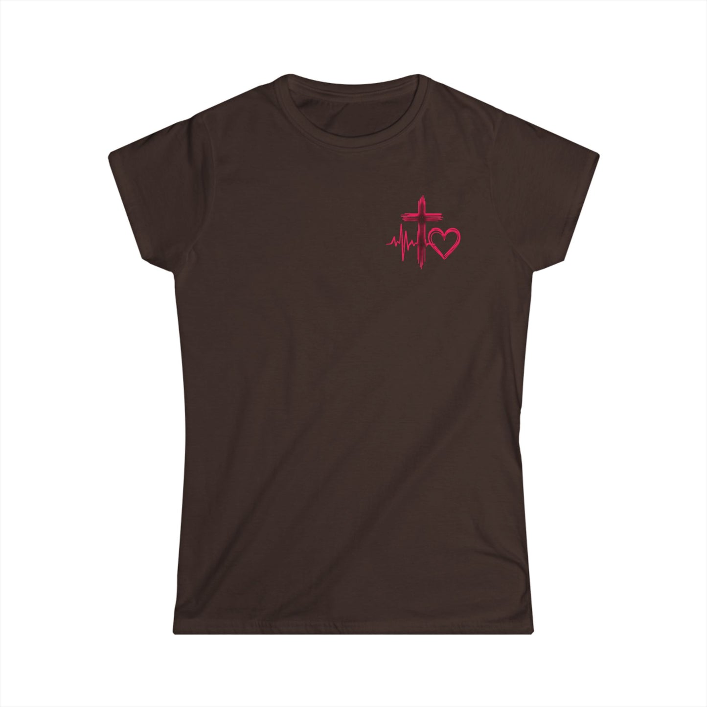 Christian heartbeat brown t-shirt with hot pink EKG line turning into cross graphic 