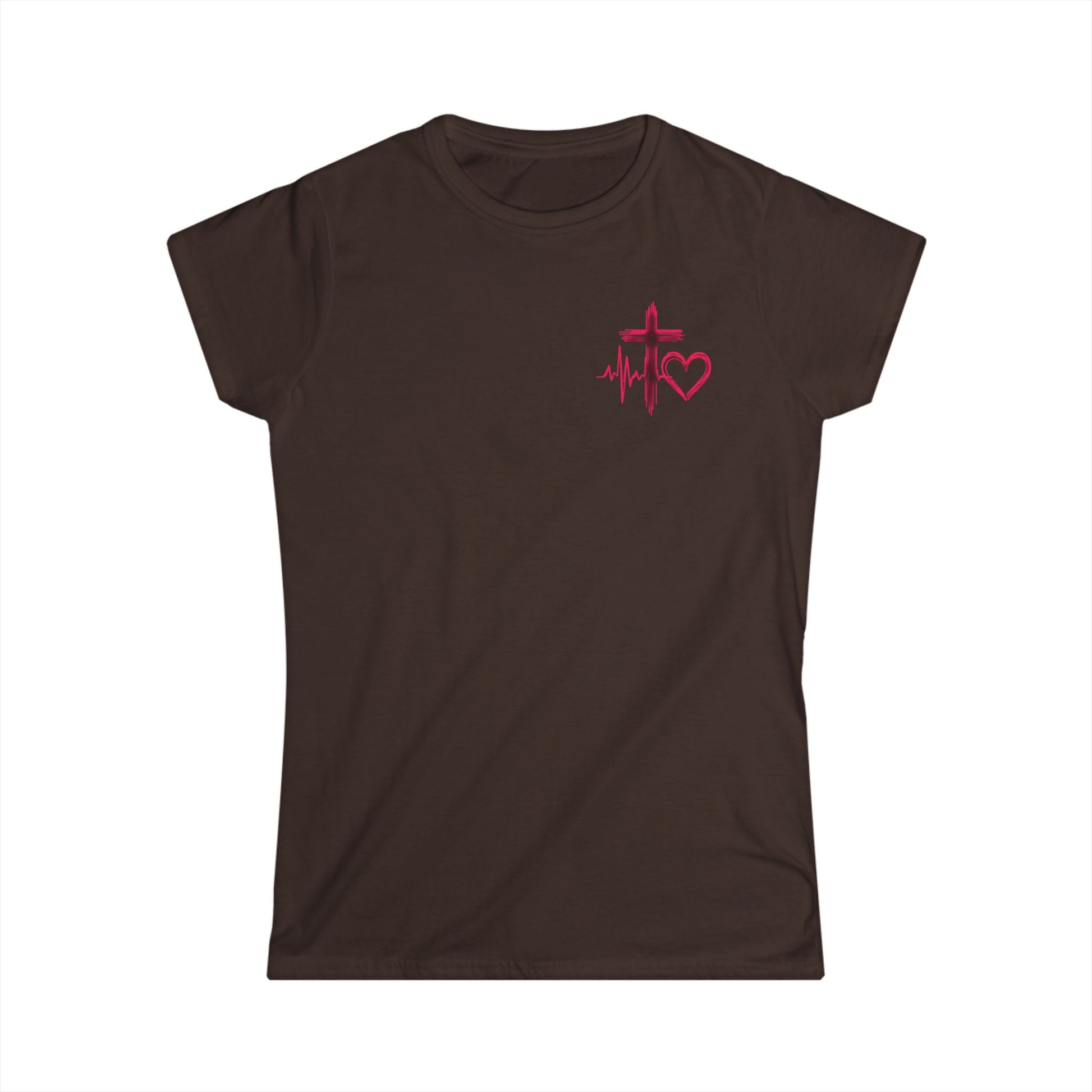 Christian heartbeat brown t-shirt with hot pink EKG line turning into cross graphic 