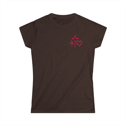 Christian heartbeat brown t-shirt with hot pink EKG line turning into cross graphic 