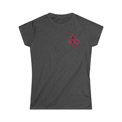 Christian heartbeat grey t-shirt with hot pink EKG line turning into cross graphic 