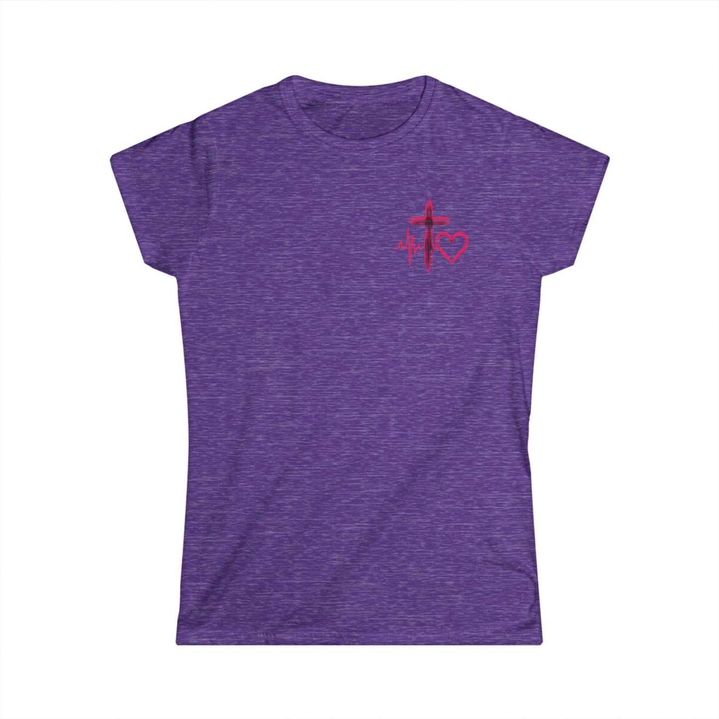 Christian heartbeat purple t-shirt with hot pink EKG line turning into cross graphic 