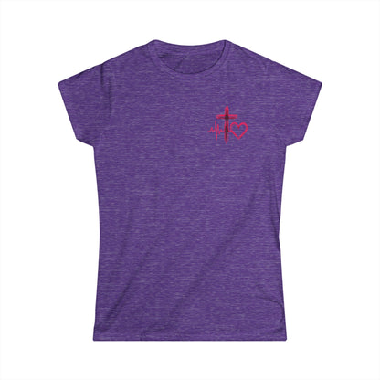 Christian heartbeat purple t-shirt with hot pink EKG line turning into cross graphic 