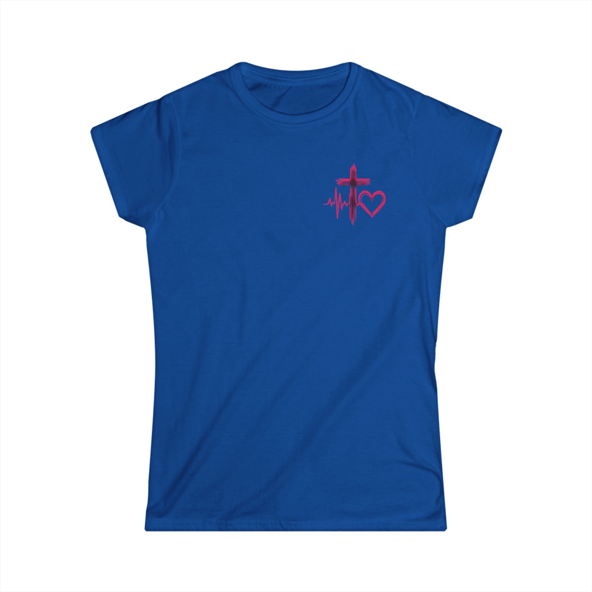Christian heartbeat blue t-shirt with hot pink EKG line turning into cross graphic 