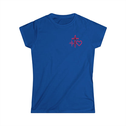 Christian heartbeat blue t-shirt with hot pink EKG line turning into cross graphic 