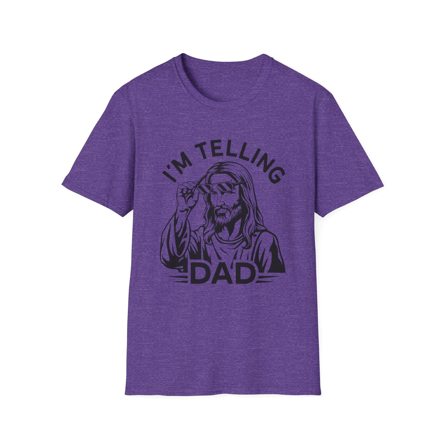 I'm telling dad purple t-shirt with Jesus looking over sunglasses graphic