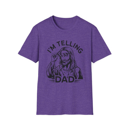 I'm telling dad purple t-shirt with Jesus looking over sunglasses graphic