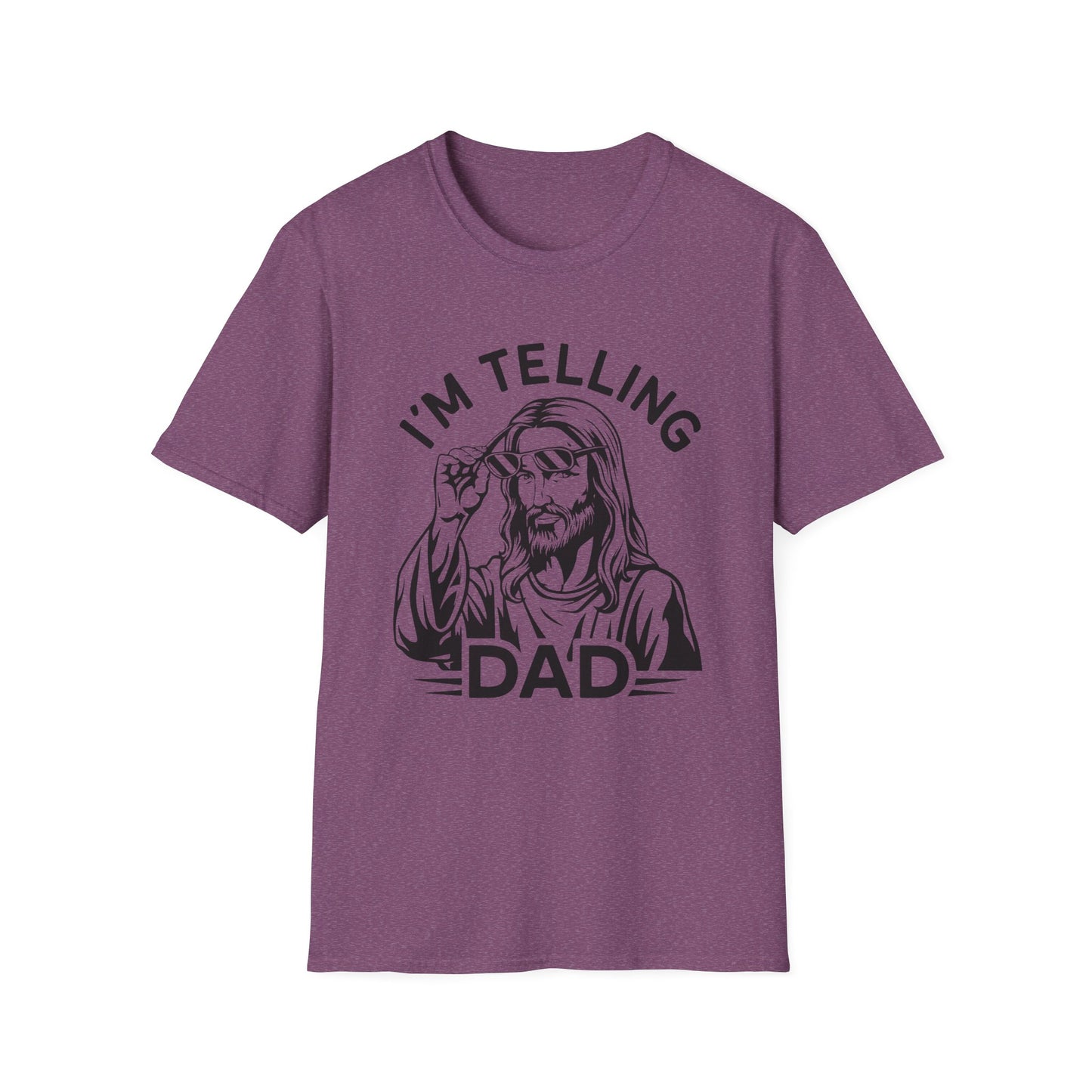 I'm telling dad purple t-shirt with Jesus looking over sunglasses graphic