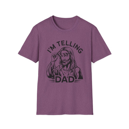 I'm telling dad purple t-shirt with Jesus looking over sunglasses graphic