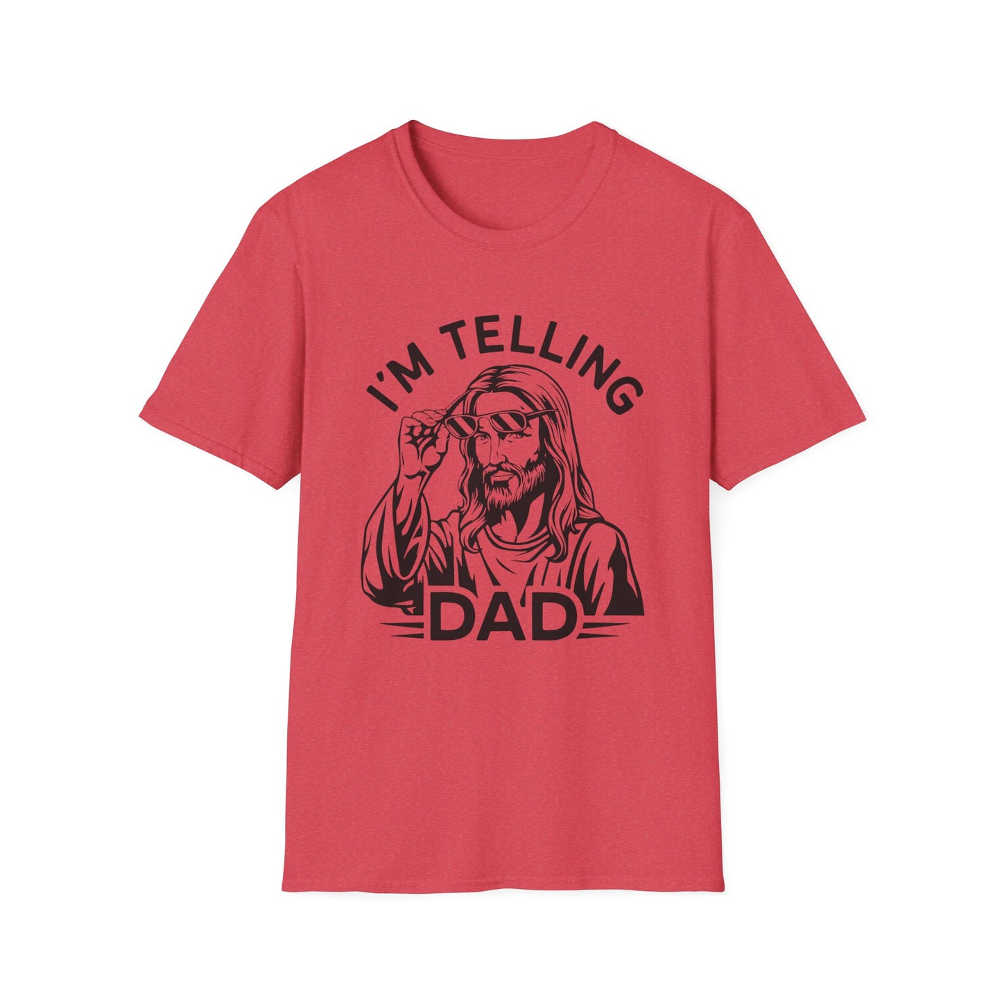 I'm telling dad red t-shirt with Jesus looking over sunglasses graphic