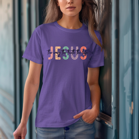 Jesus The Way Truth and Life purple t-shirt with block letters and cut-through font design