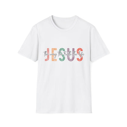 Jesus The Way Truth and Life white t-shirt with block letters and cut-through font design