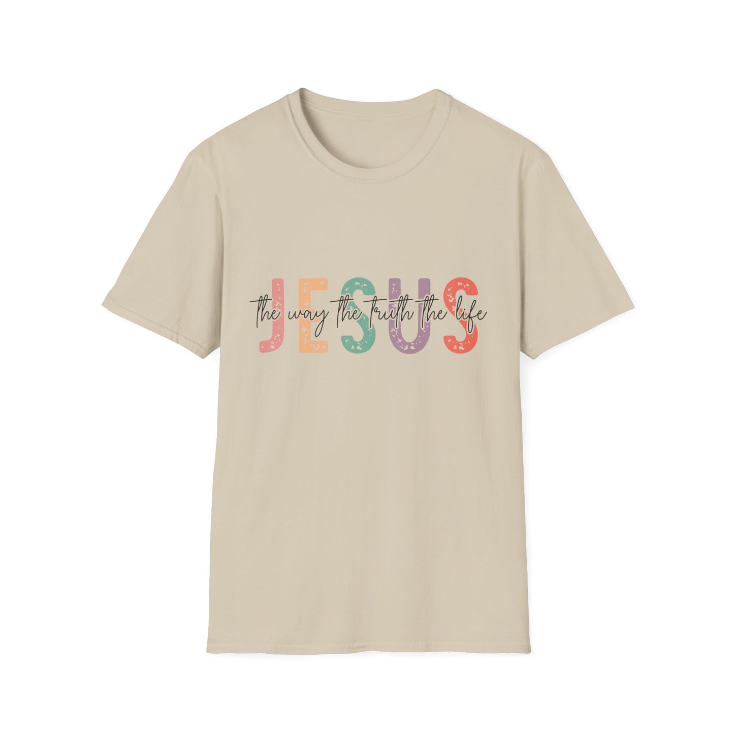 Jesus The Way Truth and Life beige t-shirt with block letters and cut-through font design