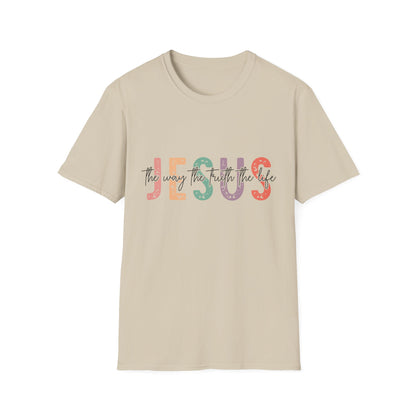 Jesus The Way Truth and Life beige t-shirt with block letters and cut-through font design
