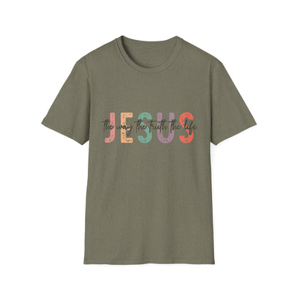 Jesus The Way Truth and Life green t-shirt with block letters and cut-through font design