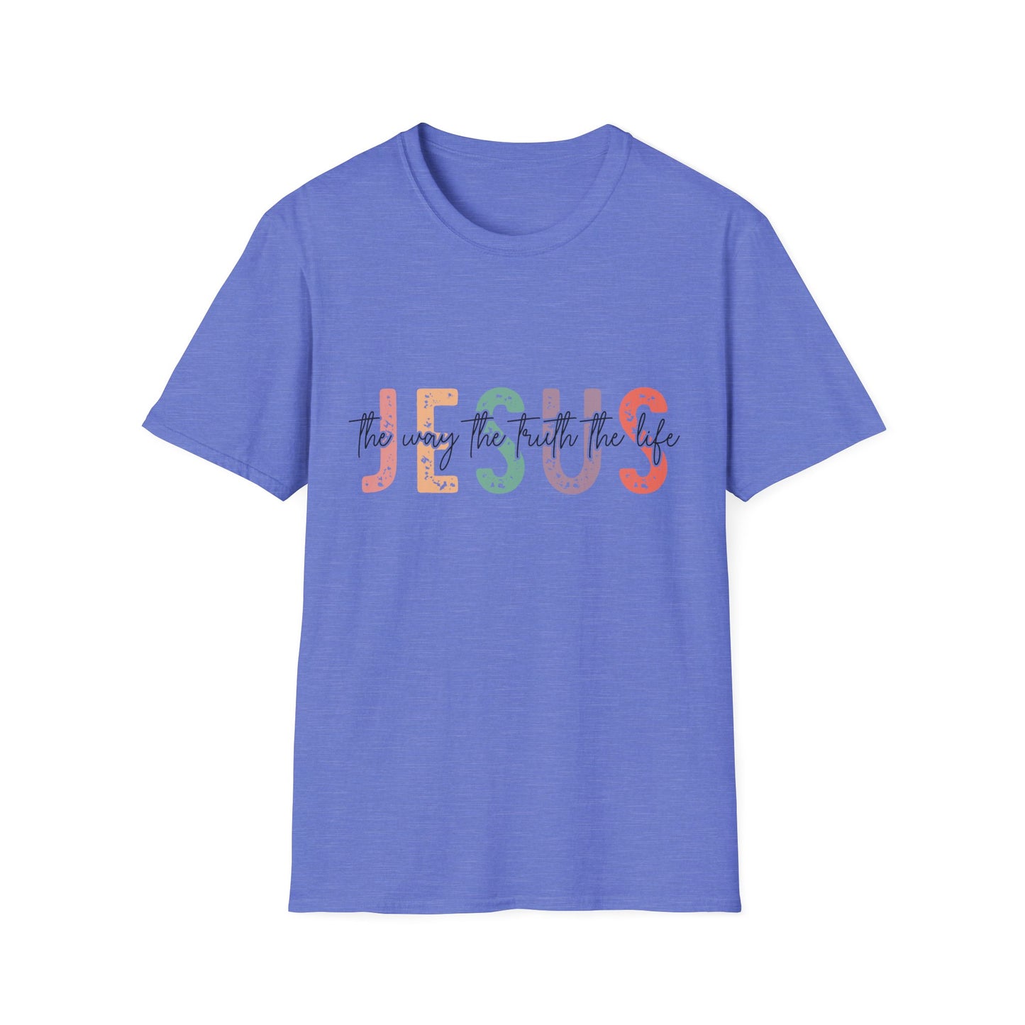 Jesus The Way Truth and Life blue t-shirt with block letters and cut-through font design