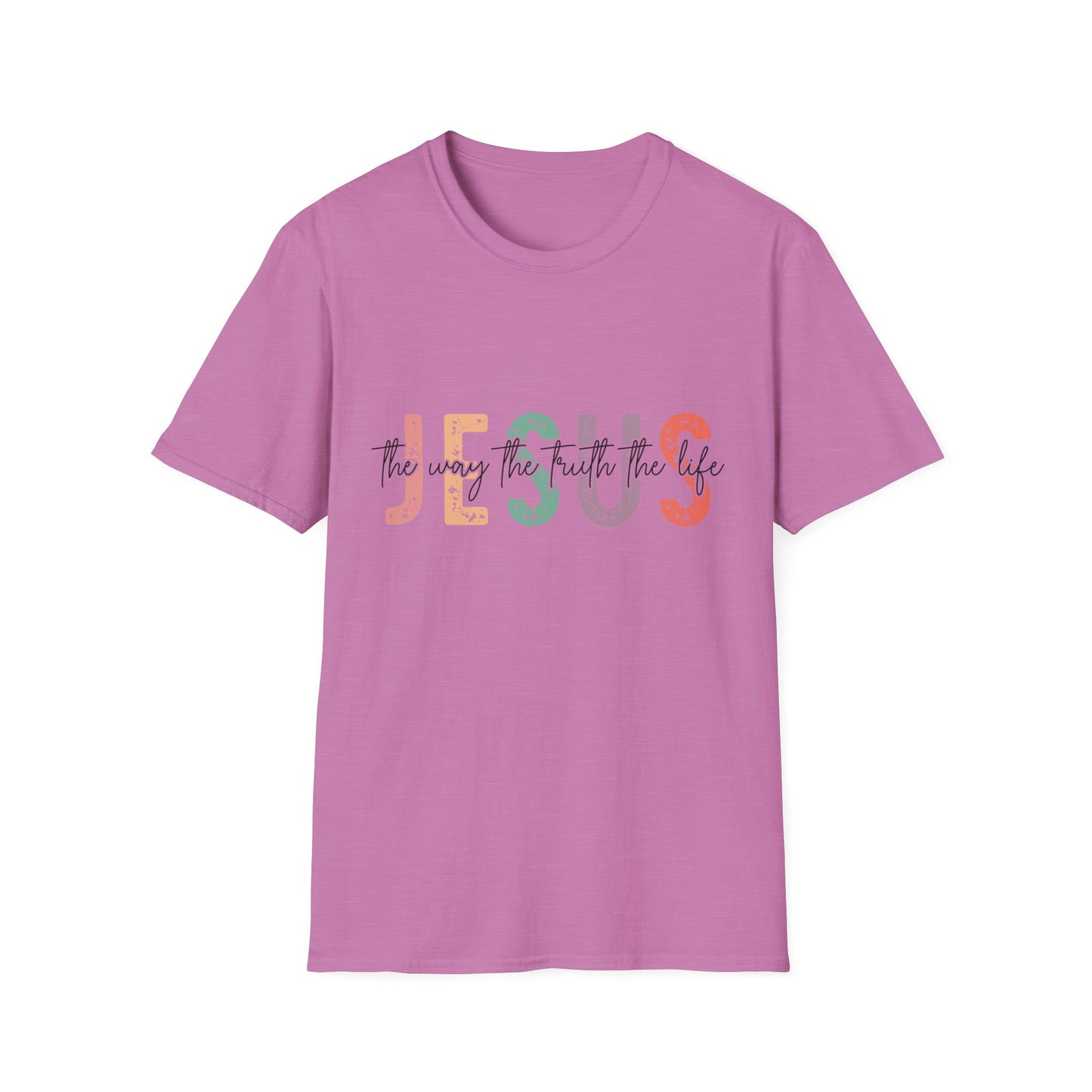 Jesus The Way Truth and Life pink t-shirt with block letters and cut-through font design