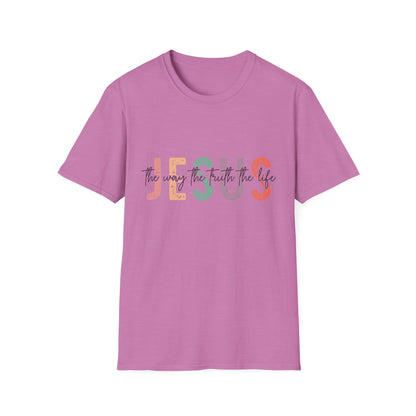 Jesus The Way Truth and Life pink t-shirt with block letters and cut-through font design