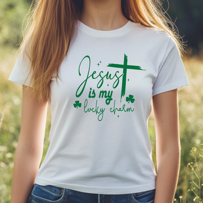 Jesus is My Lucky Charm white t-shirt with shamrock and cross graphics