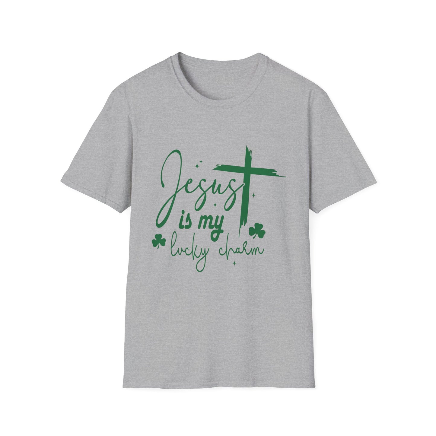 Jesus is My Lucky Charm grey t-shirt with shamrock and cross graphics