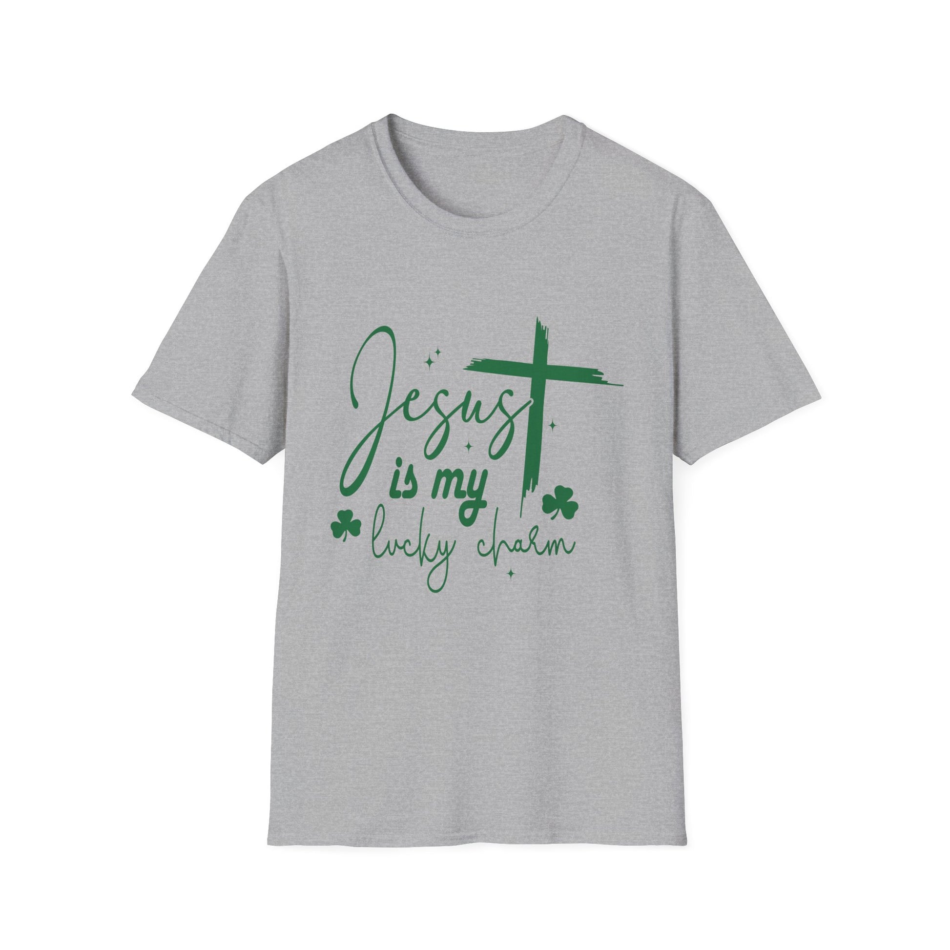 Jesus is My Lucky Charm grey t-shirt with shamrock and cross graphics