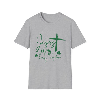 Jesus is My Lucky Charm grey t-shirt with shamrock and cross graphics