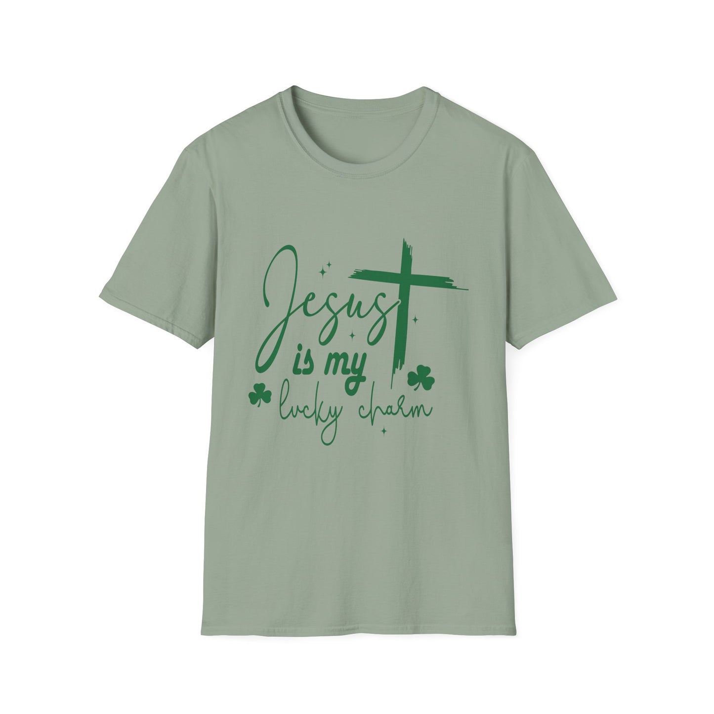 Jesus is My Lucky Charm green t-shirt with shamrock and cross graphics
