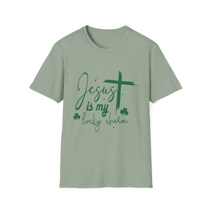 Jesus is My Lucky Charm green t-shirt with shamrock and cross graphics