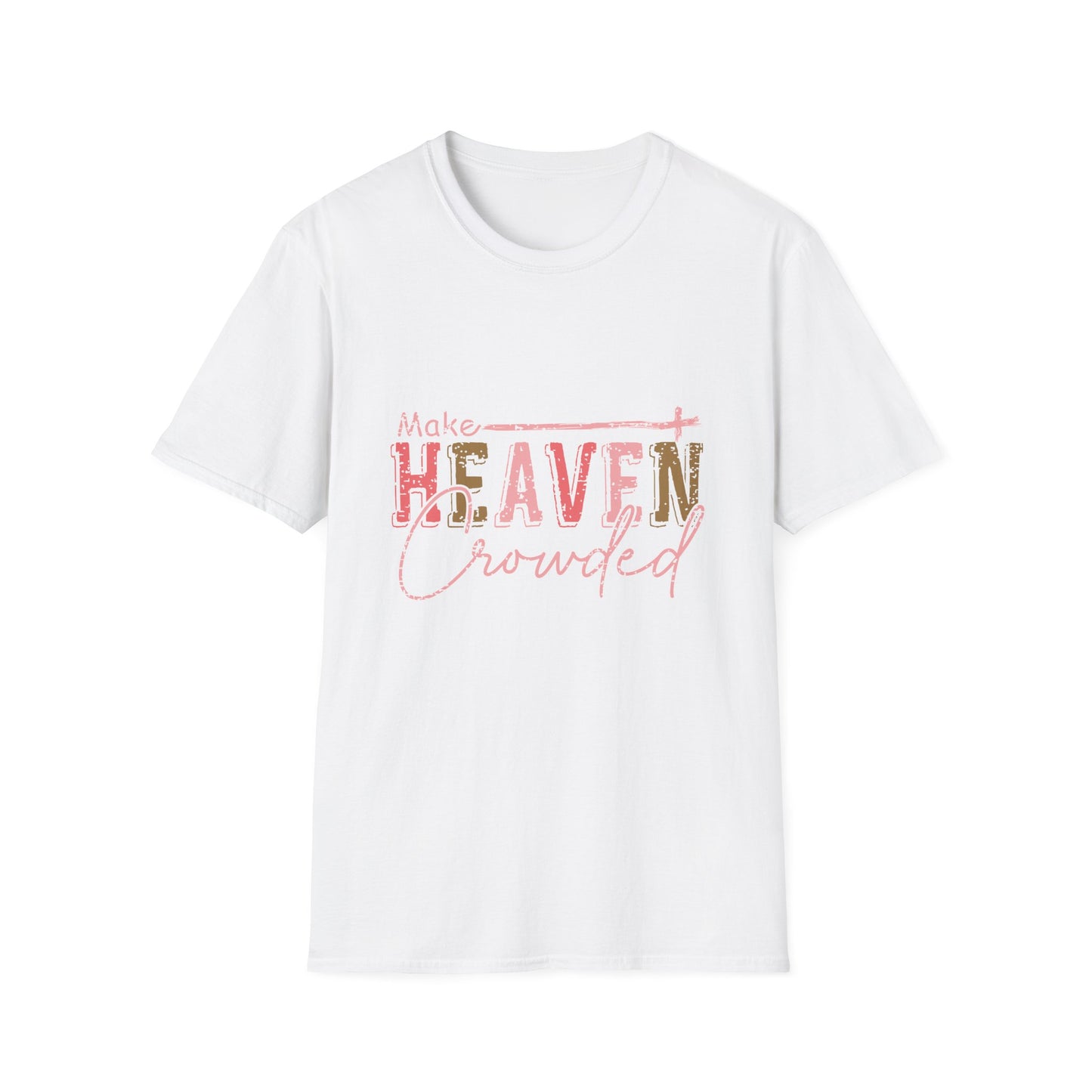 Make Heaven Crowded white t-shirt with  pink fancy lettering 