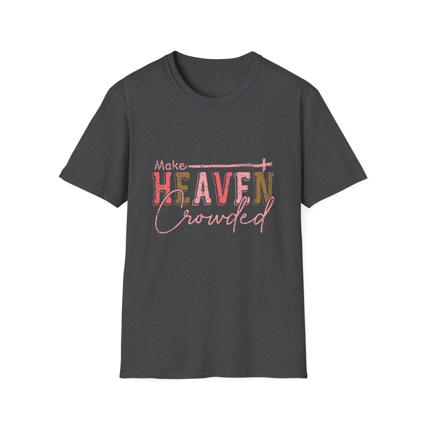 Make Heaven Crowded dark grey t-shirt with  pink fancy lettering 