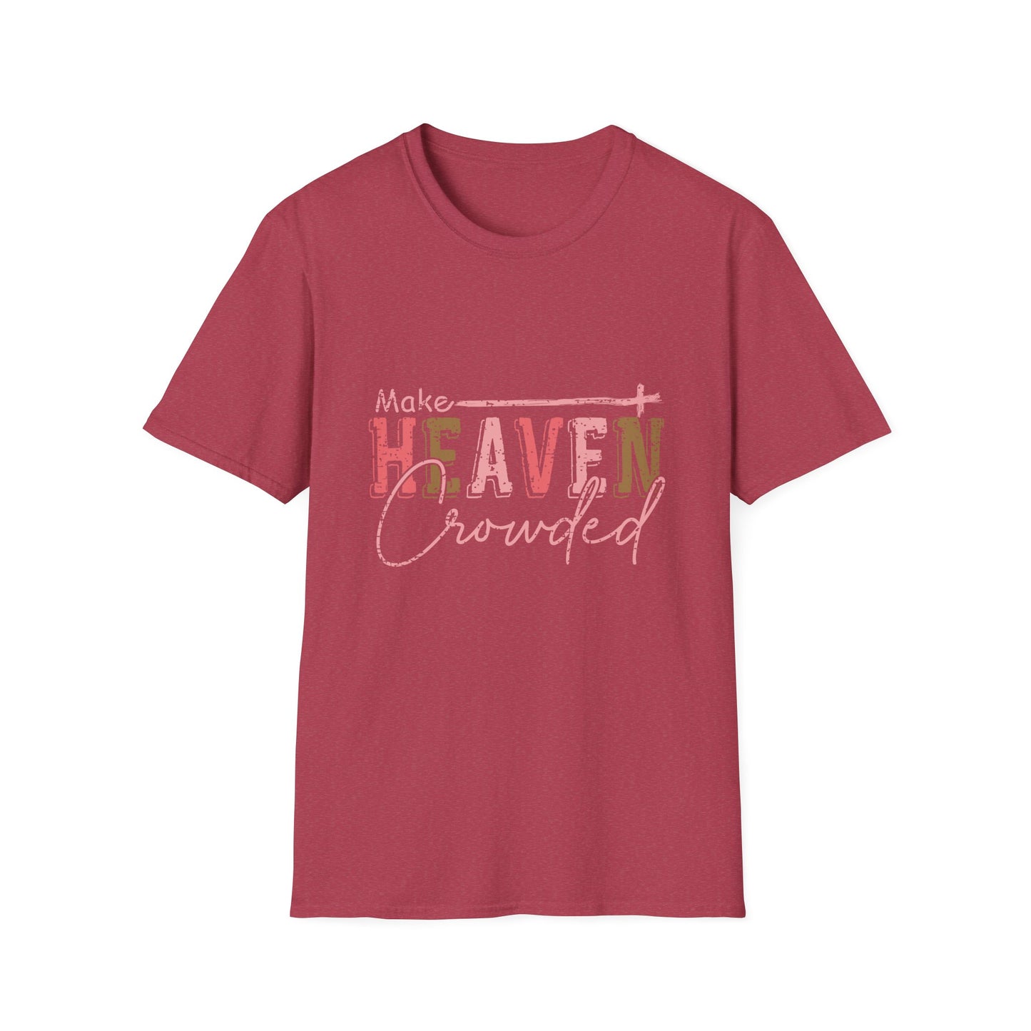Make Heaven Crowded red t-shirt with  pink fancy lettering 