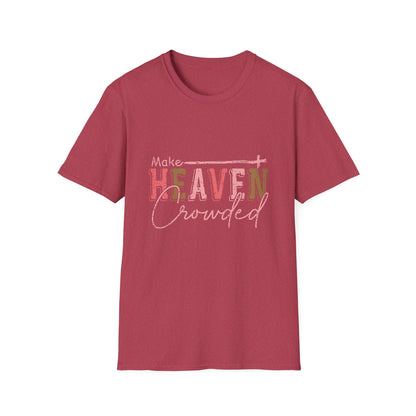 Make Heaven Crowded red t-shirt with  pink fancy lettering 